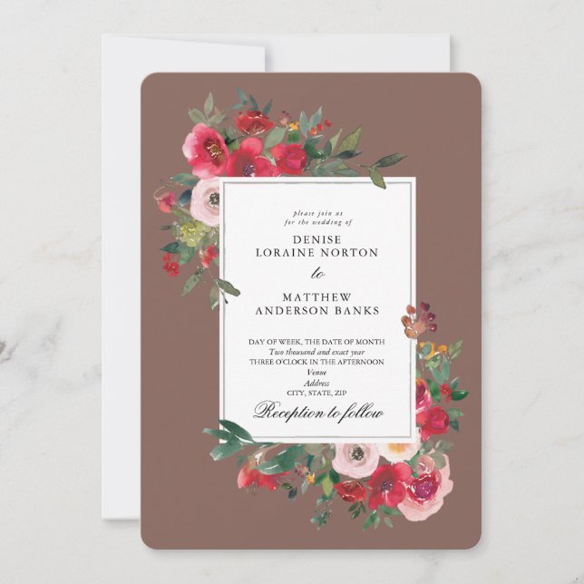 Wild Roses and Myristica Brown Colour Invitation (Front)