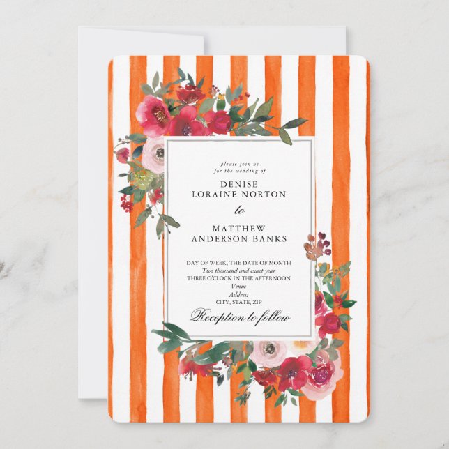 Wild Roses and Orange Stripe Wedding Invitation (Front)