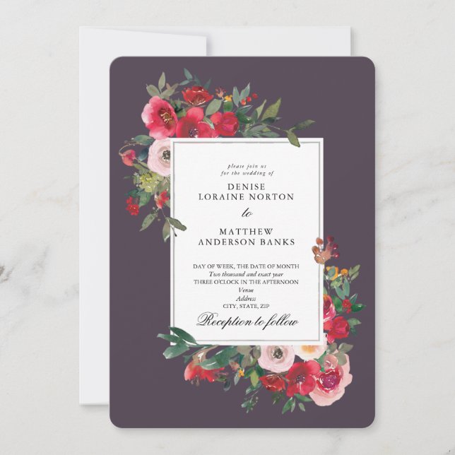 Wild Roses and Plum Perfect Colour Invitation (Front)