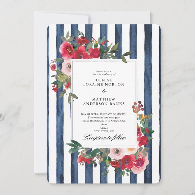 Wild Roses and Polar Night Blue Invitation (Front)