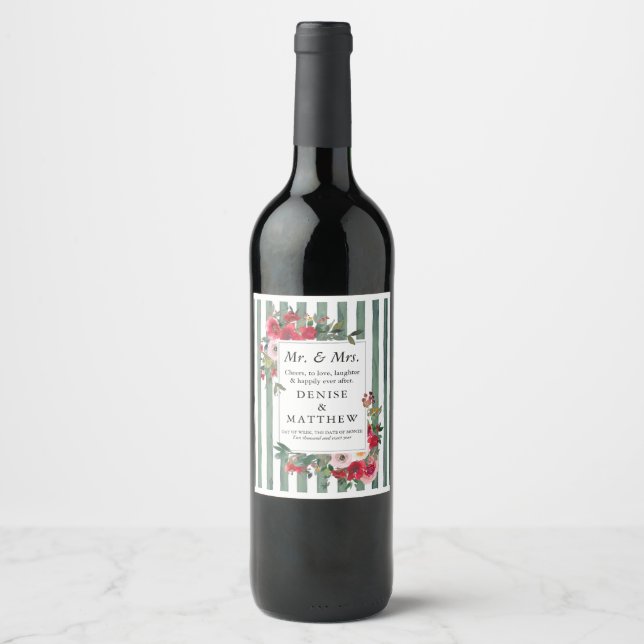 Wild Roses & Basil Green Stripes Wine Label (Front)