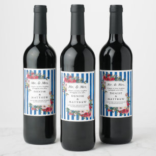Wild Roses & Blue Iolite Stripe Wine Label
