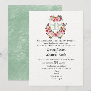 Wild Roses Crest Cameo Green Watercolor Wedding Invitation