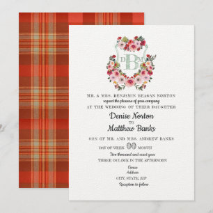 Wild Roses Crest Cameo Green Watercolor Wedding Invitation