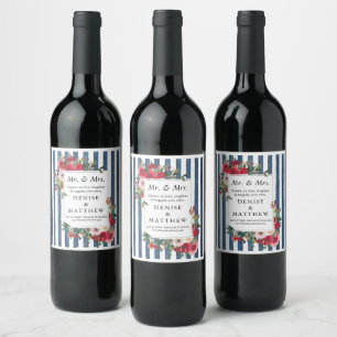Wild Roses & Dark Denim Stripe Wine Label
