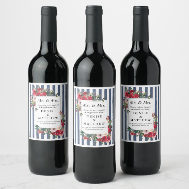 Wild Roses & Dark Denim Stripe Wine Label (Bottles)