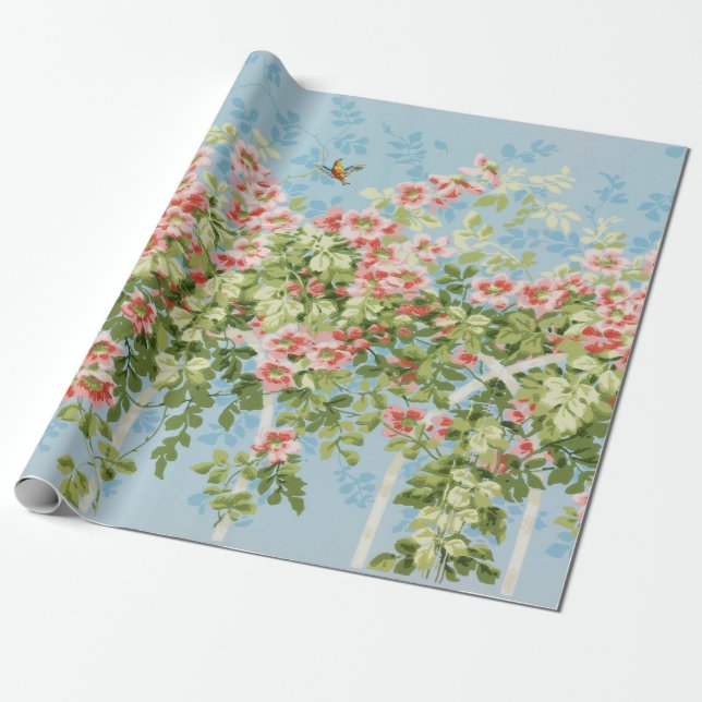 WILD ROSES ,GREEN LEAVES ,FLYING BIRD IN BLUE SKY  WRAPPING PAPER (Unrolled)