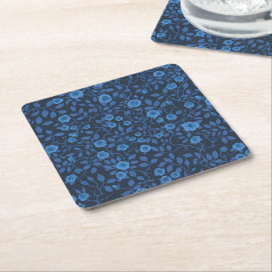 Wild roses in blue square paper coaster