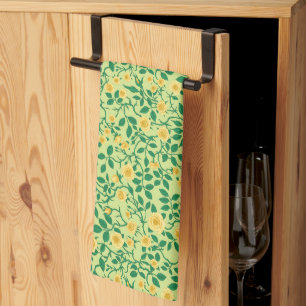 Wild roses in yellow and green tea towel
