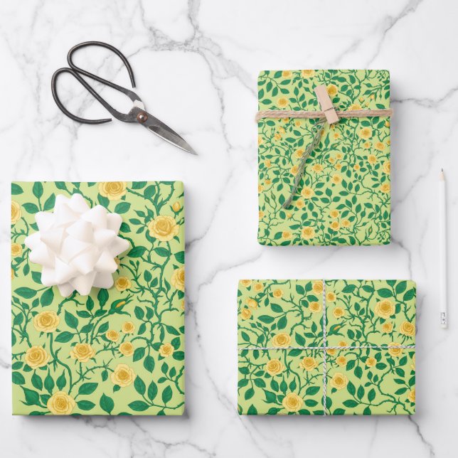 Wild roses in yellow and green wrapping paper sheet (Front)