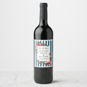 Wild Roses & Midnight Teal Stripe Wine Label