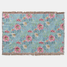 Wild Roses Multicolor on Blue Throw Blanket