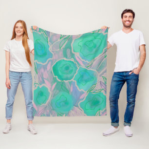 Wild Roses Teal and Violet Abstract Floral Fleece Blanket