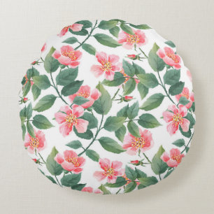 Wild roses watercolor seamless pattern. Flowers, l Round Cushion