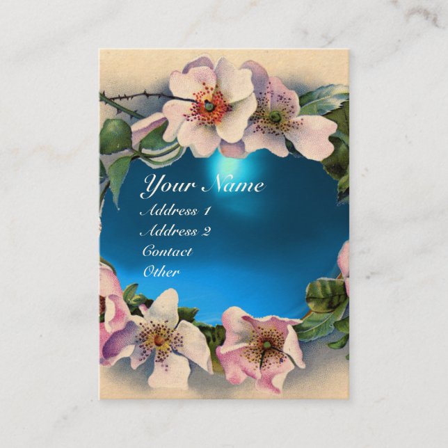 WILD ROSES WITH AQUA BLUE GEM STONE MONOGRAM BUSINESS CARD (Front)