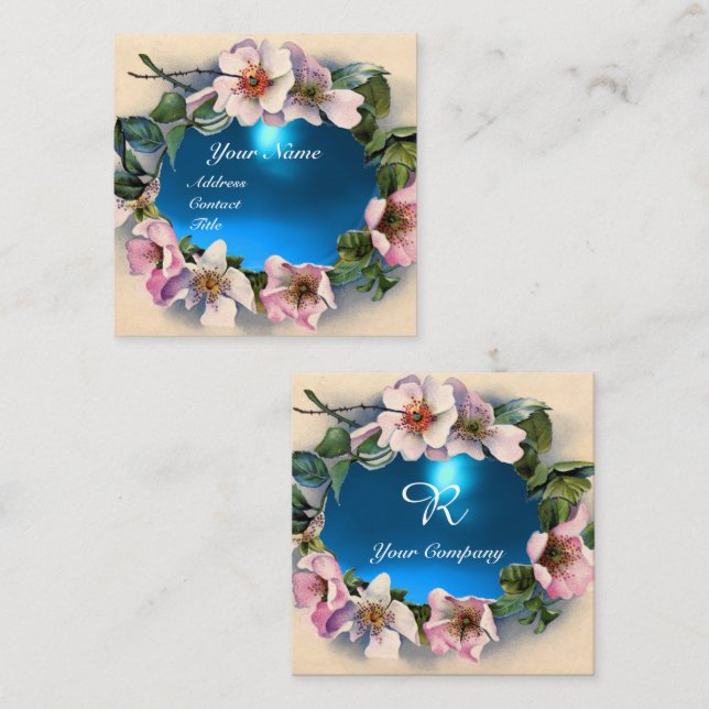WILD ROSES WITH AQUA BLUE GEM STONE MONOGRAM SQUARE BUSINESS CARD (Front/Back)
