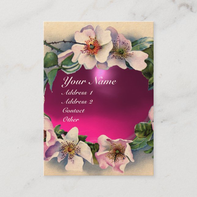 WILD ROSES WITH PINK FUCHSIA GEM STONE MONOGRAM BUSINESS CARD (Front)