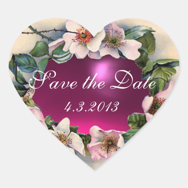 WILD ROSES WITH PINK FUCHSIA GEM STONE Save Date Heart Sticker (Front)
