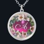 WILD ROSES WITH PINK FUCHSIA GEM STONE SILVER PLATED NECKLACE<br><div class="desc">Elegant, classy, classic floral design. Beautiful pink dog roses with a bright fuchsia amethyst gem stone .3D graphics and digital elaboration in vintage style by Bulgan Lumini (c) Easy to customise with your initials and own text as a wedding ceremony announcement, place cards, save-the-date .favours , thank you cards .bridal...</div>