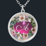 WILD ROSES WITH PINK FUCHSIA GEM STONE SILVER PLATED NECKLACE<br><div class="desc">Elegant, classy, classic floral design. Beautiful pink dog roses with a bright fuchsia amethyst gem stone .3D graphics and digital elaboration in vintage style by Bulgan Lumini (c) Easy to customise with your initials and own text as a wedding ceremony announcement, place cards, save-the-date .favours , thank you cards .bridal...</div>