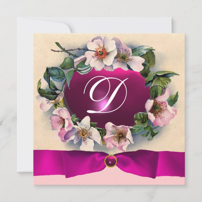 WILD ROSES WITH PINK RIBBON ,MONOGRAM INVITATION (Front)
