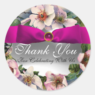WILD ROSES WITH PINK RIBBON ,Thank you Classic Round Sticker