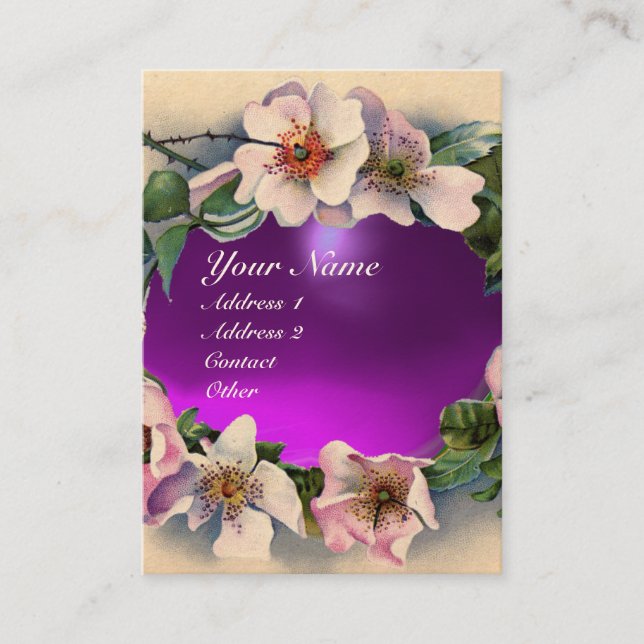 WILD ROSES WITH PURPLE GEM STONE MONOGRAM BUSINESS CARD (Front)