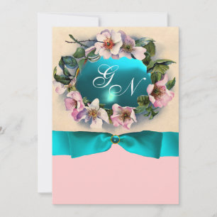 WILD ROSES WITH TEAL BLUE RIBBON ,MONOGRAM INVITATION
