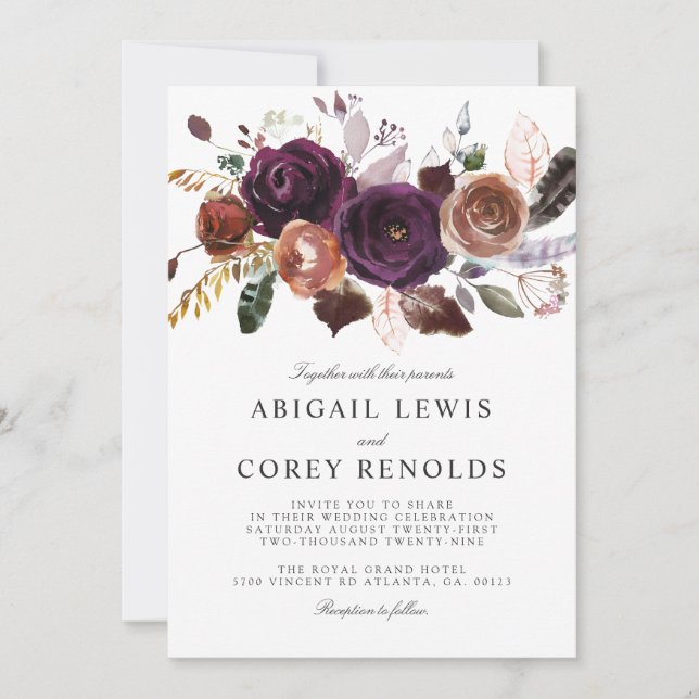 Wild Royal Bloom Bouquet | Plum Wedding Invite (Front)