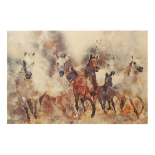 Wild running horses digital manipulation painting wood wall art