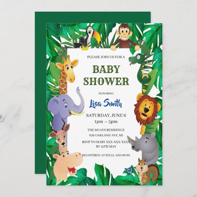 Wild Safari Animal Jungle Baby Shower Invitation (Front/Back)