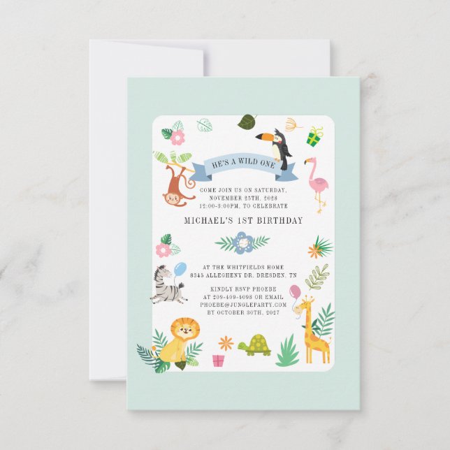 Wild Safari Animals 1st Birthday Jungle Party Invitation (Front)