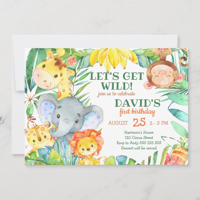 Wild Safari Animals Boy 1st  Birthday Invitation (Front)