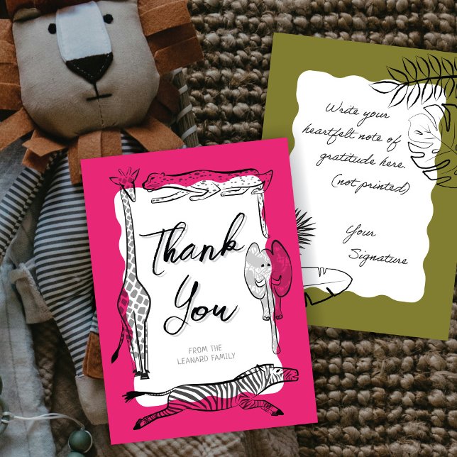 Wild Safari Animals Frame Dark Pink Thank You Card (Creator Uploaded)