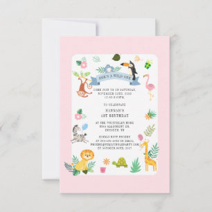 Wild Safari Animals Girl 1st Birthday Jungle Party Invitation
