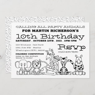 Wild Safari Animals, Kid's Colouring Birthday Part Invitation