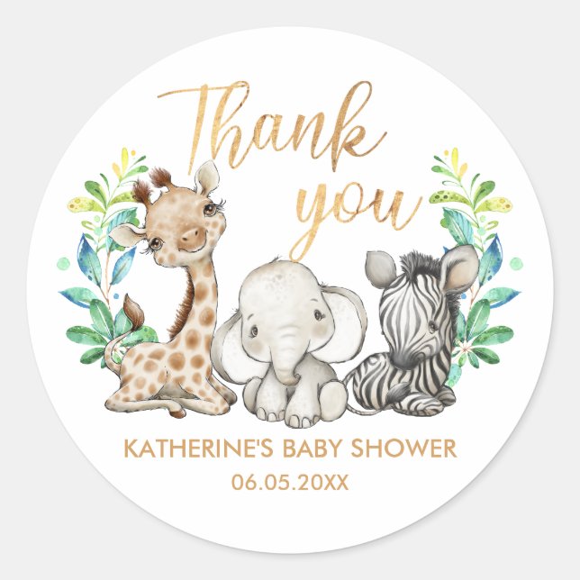 Wild Safari Jungle Party Animals Baby Shower Classic Round Sticker (Front)