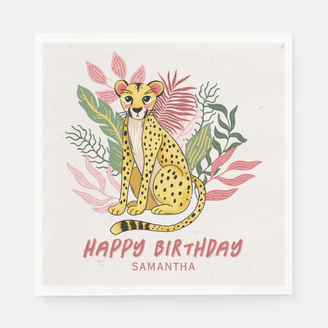 Wild Safari Pink Cheetah Kids Birthday Party Napkin (Front)