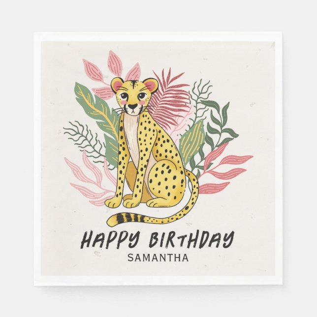 Wild Safari Pink Cheetah Kids Birthday Party Napkin (Front)