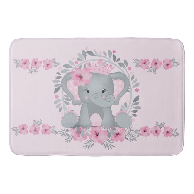 Wild Safari Pink Floral Baby Elephant Baby Nursery Bath Mat (Front)