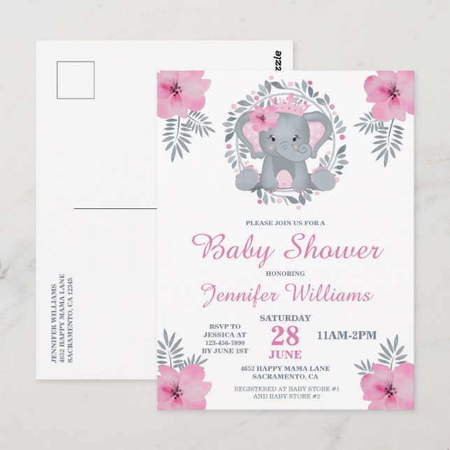 Wild Safari Pink Floral Elephant Baby Shower Invit Postcard (Front/Back)