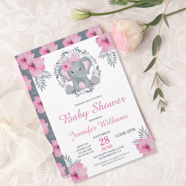 Wild Safari Pink Floral Elephant Baby Shower Invitation (Creator Uploaded)