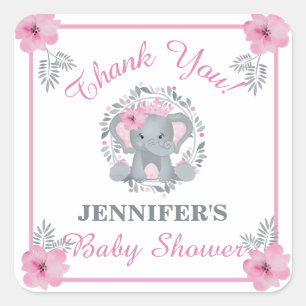 Wild Safari Pink Floral Elephant Baby Shower  Square Sticker