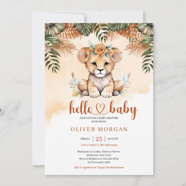 Wild safari terracotta dried palm cute baby lion invitation (Front)