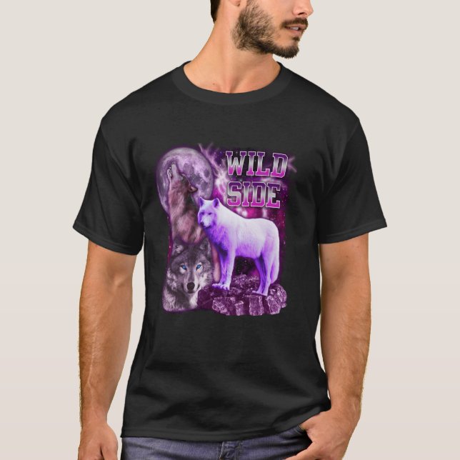 Wild Side Wolf On Moon Galaxy Funny Three Wolves L T-Shirt (Front)