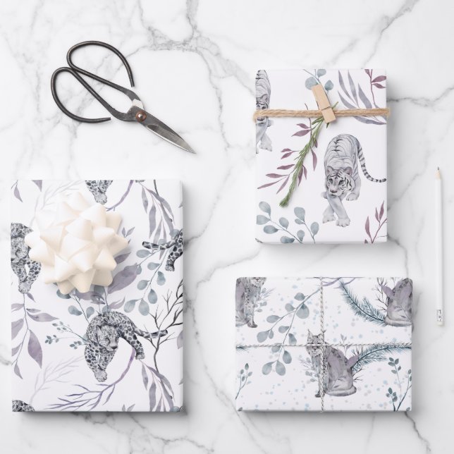 Wild Snow Cats with Winter Botanicals Wrapping Paper Sheet (Front)