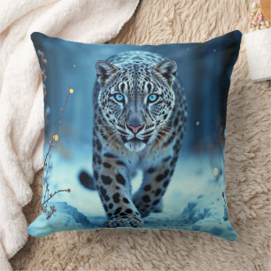 Wild snow leopard walking frost enchanted forest cushion
