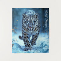 Wild snow leopard walking frost enchanted forest