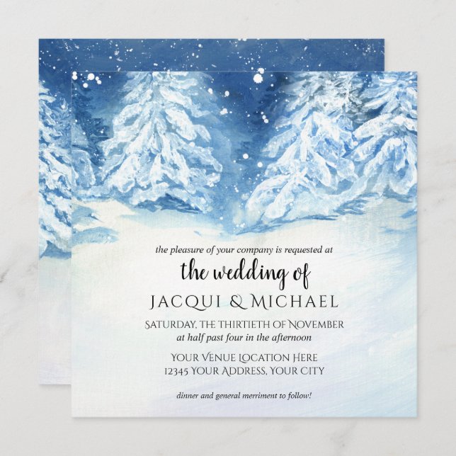 Wild Snowy Forest Tree Watercolor Wedding | Square Invitation (Front/Back)