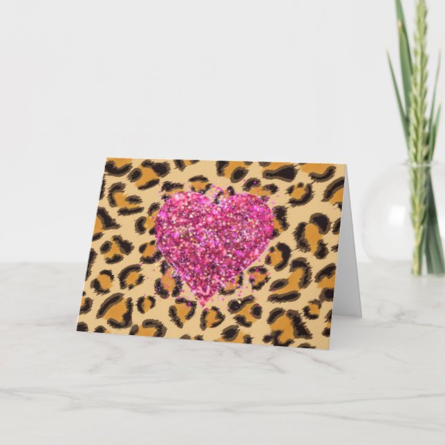 Wild sparkling pink Hearts and Leopard print Card (Front)